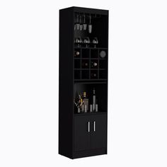 a tall black cabinet filled with bottles and glasses