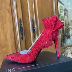 Inc Red Bow Sparkly Heels Nwt & Box! Size 9 Perfect Holiday Heel Holiday Rhinestone Pointed Toe Heels, Elegant Red Wedding Shoes With 4-inch Heel, Red Wedding Shoes For Evening, Red High Heel Holiday Heels, Red High Heels For Holidays, Red High Heels For Events, Red Open Toe Wedding Shoes, Elegant Red High Heel Wedding Shoes, Glamorous Red Heels For Gala