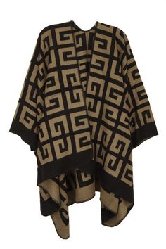 Greek Pattern Poncho63"(L) X 47.2"(W)Size Measurement (inch):OS: (Bust), (Waist), (Hips), (Length) Black Shawl Poncho One Size, Black Poncho With Batwing Sleeve, Black Poncho With Batwing Sleeve One Size, Black Batwing Sleeve Poncho One Size, Black Shawl Winter Outerwear, Chic Black Cape For Fall, Chic Black Fall Cape, Black Shawl Cape For Fall, Black Shawl Outerwear For Fall