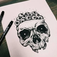 a drawing of a skull with balls on its head