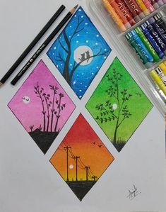 four different colored cards with trees and birds on them