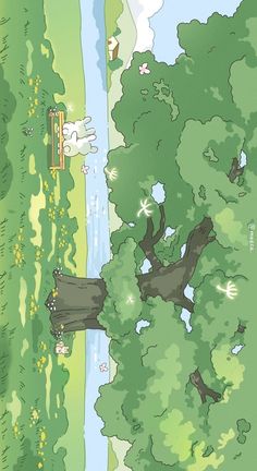 an illustration of a park with trees and water