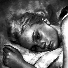 a black and white drawing of a woman sleeping