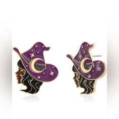 Halloween Earrings For Women Pretty Witch Fashion Jewelry- Nwt Pretty Witch, Gothic Halloween Costumes, Halloween Party Gifts, Large Stud Earrings, Witch Earrings, Witch Fashion, Purple Hats, Halloween Costume Accessories, Gothic Halloween