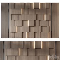 two different views of a wall made out of cardboard boxes with metal strips on the sides