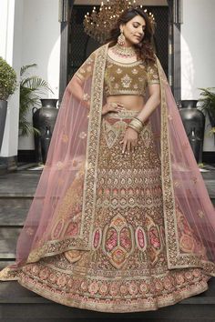 Exclusive Khaki Color Charming Velvet Fabric Function Wear Lehenga With Embroidered Work Bollywood Embroidered Sets For Reception, Bollywood Style Embroidered Reception Sets, Traditional Embroidered Sets For Reception, Embroidered Multicolor Traditional Sets For Reception, Traditional Multicolor Embroidery Sets For Reception, Bollywood Style Embroidered Sets With Traditional Drape, Bollywood Style Embroidered Choli For Traditional Ceremonies, Bollywood Embroidered Sets With Traditional Drape, Bollywood Sets With Embroidery And Traditional Drape