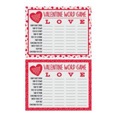 two valentine word game cards with hearts on the front and back, one in red