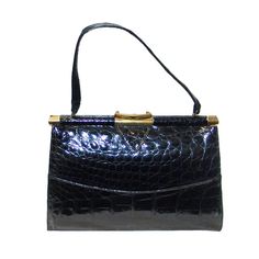 Vintage Vassar black alligator handbag, refurbished by Lana Marks. Height 9.5", width 13.5", depth 7", handle drop 8". Black Leather Purses, Lana Marks, Hang Bags, Alligator Handbags, Crocodile Handbags, Black Alligator, Kelly Bag, Retro Mode, Handbags And Purses