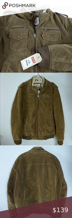 Levi’s Aviator Sherpa Lined Faux Suede Leather NWT Levi’s Aviator / Bomber / Biker Jacket 🏍Cognac Faux Leather Shell ✈️Faux Sherpa lining 🏍Zip front ✈️Stand collar in aviator / bomber style 🏍Snap closure chest pockets ✈️Open hand pockets in front 🏍Levi’s red tab badge on chest ✈️Epaulet details on shoulders 🏍Zip closure chest pockets ✈️Brand new with tags 🏍Size XL: Chest: 25.5”. Length: 30” Pricing is fair and quite firm 💪🏼. Please let us know if you have any questions. Levi's Jackets & Levi's Leather Jacket For Winter, Levi's Leather Jacket With Pockets For Winter, Levi's Biker Leather Jacket For Winter, Levi's Brown Winter Outerwear, Levi's Biker Outerwear For Winter, Khaki Leather Winter Outerwear, Levi's Biker Style Winter Outerwear, Winter Leather Khaki Outerwear, Winter Khaki Leather Outerwear