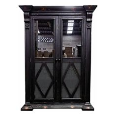 a black cabinet with glass doors on the top and bottom shelves, in front of a white background