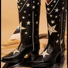 Black & White Stars Cowgirl Pointed Toe Chunky Low Heel Pull-On Western Embroidered Boots Slip On Insole Material: Microfiber Leather Lining Material: Fabric Outsole Material: Rubber Upper Material: Pu Leather Brown Cowgirl Boots, Ateez Concert, Black And White Stars, Embroidered Boots, White Stars, New Star, Cowgirl Boots, Shoes Heels Boots, Cute Shoes