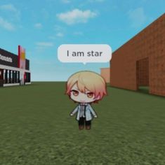 a cartoon character standing in front of a building with a speech bubble saying i am star