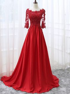 Beautiful Red Satin and Lace 1/2 Sleeves Party Party Dress Red, Red Ball Gowns, Gaun Koktail, Charro Quinceanera Dresses, Long Party Dress, Satin Short, Beautiful Prom Dresses, Red Prom, Red Prom Dress