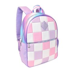 Get packed for BTS season with this preppy & stylish duo. This pink & purple checkerboard-patched backpack features a front zippered pocket, a water bottle sleeve, and a rhinestone patch appliqué to finish it off. Includes a coordinating heart-print pencil pouch, your mini will be set for the school year! DimensionsLarge Backpack: 15.5” H x 12.25” W x 4” DPencil Pouch: 3.75" H x 8.5" W x 2" D Pink Preppy Rectangular Backpack, Quilted Backpack For Back To School, Back To School Quilted Backpack, Back To School Quilted Bags, Quilted Standard Backpack For Back To School, Patched Backpack, Water Bottle Sleeve, Backpack Patches, Backpack Lunch Bag