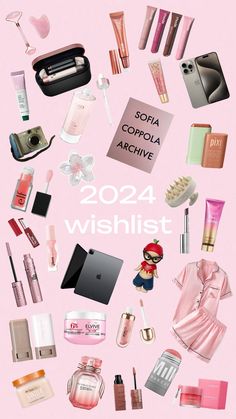 a pink poster with lots of different items on it