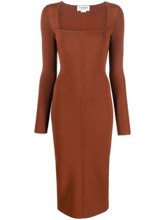 Victoria Beckham Fitted square-neck Dress - Farfetch Brown Fitted Square Neck Dress, Formal Square Neck Midi Dress For Fall, Square Neck Midi Dress For Formal Fall Occasion, Square Neck Midi Dress For Formal Fall Events, Fitted Midi Dress With Straight Neckline For Fall, Square Neck Midi Dress For Work In Fall, Square Neck Midi Dress For Fall Workwear, Fall Workwear Midi Dress With Square Neck, Brown Square Neck Midi Dress