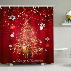 a christmas tree shower curtain with snowflakes