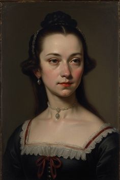 an oil painting of a woman wearing a black dress and red ribbon around her neck