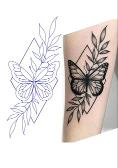 a butterfly tattoo on the left arm and an image of a flower in the middle