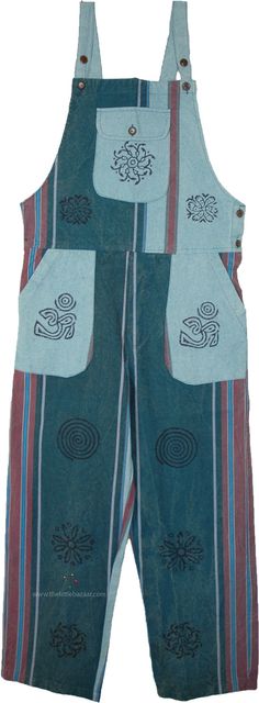 Add this sustainable and unique piece to your wardrobe - The hand-loomed cotton (called shamma cotton) loose-fit pajama-style overalls are apt for reflecting a Bohemian look while staying comfortable. The stonewashed fabric is accentuated with block printing. #tlb #bohemianfashion #Handmade #Junior #Tall #XLPlus #hippiejumpsuitoveralls Bohemian Cotton Overalls For Spring, Bohemian Cotton Overalls, Multicolor Cotton Hippie Overalls, Hippie Multicolor Cotton Overalls, Cotton Overalls With Side Pockets And Relaxed Fit, Casual Cotton Overalls For Festivals, Multicolor Cotton Overalls For Festival, Green Cotton Overalls, Festival Multicolor Cotton Overalls