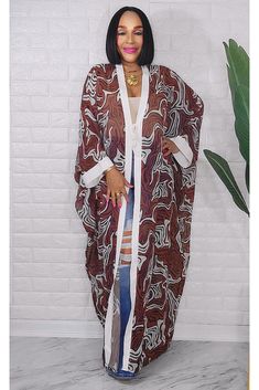 101723 Brown Animals Swirl Print Sheer  Kimono Duster One Size fit Long Duster Set, Sheer Long Duster, Brown Animals, Printed Palazzo Pants, Sheer Kimono, Kimono Duster, Plus Size Outerwear, Print Kimonos, Colored Pants