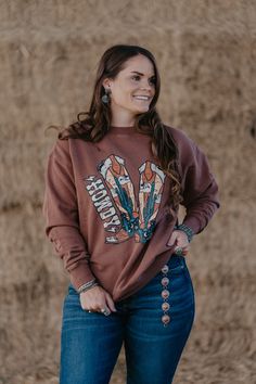 Boot scootin' boogie - this sweatshirt is great all year round with a neutral brown color and adorable graphic. Material: 100% Cotton XS (2/4) | Small (4/6) | Medium (6/8) | Large (10/12) | XL (14/16) | 2XL (18/20) Brown Relaxed Fit Sweatshirt For Spring, Brown Cotton Sweater With Graphic Print, Brown Graphic Print Sweater For Fall, Brown Graphic Print Cotton Sweater, Brown Crew Neck Sweatshirt For Spring, Brown Graphic Print Sweatshirt For Fall, Oversized Brown Sweatshirt With Graphic Print, Brown Oversized Graphic Print Sweatshirt, Oversized Brown Graphic Print Sweatshirt