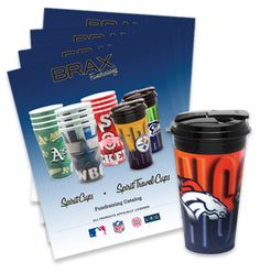 two promotional flyers and a coffee cup with the denver football team on it, next to each other