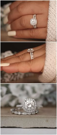 three different views of an engagement ring