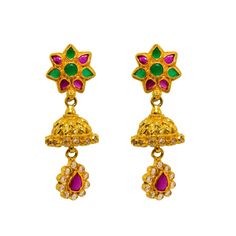 22K Yellow Gold Jhumki Earrings W/ Rubies, Emeralds, CZ Gems & Ornate Flower Designs - Virani Jewelers Yellow Gold Meenakari Jhumkas For Diwali, Navratri Yellow Gold 22k Jhumkas, Festive 22k Gold Jhumkas, Temple Jewelry Yellow Gold Jhumkas For Celebration, 22k Gold Meenakari Jhumkas For Diwali, Temple Jewelry Style Yellow Gold Jhumkas For Celebration, Yellow Gold Temple Jewelry Jhumkas For Celebration, Yellow Gold Cutdana Danglers For Festivals, Bollywood Style Yellow Gold Jhumkas With Cutdana