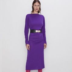 Nwt Zara Size Xs Purple Ruched Tube Cocktail Dress Brand New With Tags. Gorgeous Vivid Purple Elastic Tube Dress With Ruched Detailing On The Sleeves; Seen On Scottish Tv Personality, Lorraine Kelly. Belt Is Not Included. - 100% Polyester - 15.5" Armpit To Armpit, 47.5" Length Chic Purple Ruched Midi Dress, Chic Purple Midi Dress For Fall, Chic Purple Midi Dress By Zara, Chic Purple Zara Midi Dress, Zara Long Sleeve Ruched Midi Dress, Zara Ruched Long Sleeve Midi Dress, Zara Ruched Stretch Midi Dress, Lorraine Kelly, Tv Personality