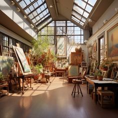 an artist's studio with lots of paintings on the walls