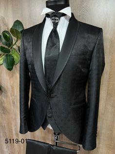 IMPORTANT NOTE: Our suits and tuxedos are European Slim fit so consider ordering 1 size up than your usual size for a better fit. Our tuxedos are 4 pieces and comes with a matching tie or bowtie Introducing our luxurious, Made in Turkey Tuxedo: where timeless elegance meets modern European style.  All our products are made from finest materials and careful craftsmanship. We are having the most experienced tailors to handcraft these elegant and unique tuxedos. Crafted with meticulous attention to detail, this tuxedo represents the pinnacle of fashion trends, ensuring you stand out at any formal event. Experience the unmatched quality and sophistication that is woven into every stitch. When you wear our tuxedo, you don't just wear a suit - you wear a statement. Elevate your wardrobe and make Luxury Fitted Black Three-piece Suit, Luxury Black Three-piece Party Suit, Luxury Slim Fit Black Tie Tuxedo, Luxury Tailored Black Tuxedo, Luxury Black Blazer For Black Tie Events, Custom Fit Black Tuxedo For Party, Black Fitted Tuxedo For Formal Occasions, Black Fitted Luxury Suits, Black Luxury Tuxedo