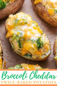 baked potatoes with broccoli and cheese on them are ready to be eaten in the oven