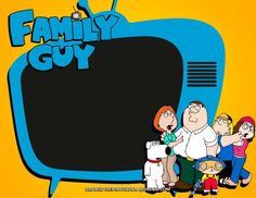 the family guy cartoon is shown in front of a tv screen with people standing around it