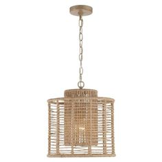 a light fixture hanging from the ceiling with a rattan pattern and chain around it