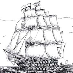 a drawing of a sailing ship in the ocean