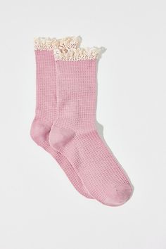 Ultra-soft and lightweight waffle knit socks in a crew length with a sweet ruffle trim along the ankle. Features Lace-trim waffle knit socks Soft waffle knit socks Femme ruffle at the ankle Crew sock length Content + Care 98% Polyester, 2% spandex Machine wash Imported | Lace-Trim Waffle Knit Sock in Pink, Women's at Urban Outfitters Ruffle Socks, Ruffled Socks, Exchange Student, Pink Fits, Crew Sock, Cute Socks, Knit Socks, Waffle Knit, Teen Wolf