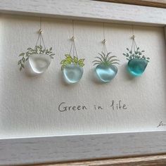 three framed glass hanging plants with the words green in life written below them on white paper