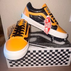 Brand New Authentic Vans With Box And Stickers Attached Same Day Shipping 100% Original Yellow Casual Sneakers With Rubber Toe Cap, Casual Yellow Sneakers With Rubber Toe Cap, Sporty Yellow Sneakers, Yellow High-top Sneakers With Rubber Toe Cap, Yellow Low-top Sneakers With Rubber Toe Cap, Retro Yellow Sneakers For Skateboarding, Retro Yellow Skate Shoes For Sports, Yellow Retro Sneakers For Skateboarding, Yellow Casual Skate Shoes