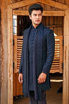 Shop for Vanshik Blue Silk Embroidered Sherwani Set for Men Online at Aza Fashions Jodhpuri Suit For Men Engagement, Full Suits For Men Wedding, Navy Blue Sherwani For Men, Wedding Outfit For Grooms Brother, Kurta With Dupatta Men, Brothers Wedding Outfit For Men, Blue Sherwani Groom, Blue Kurta Men, Sangeet Outfit For Men