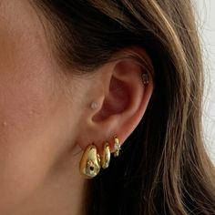 - Basic, everyday hoops - Huggies - 14 karat gold or silver plated - Made to last - 12 MM hoop size Earring Huggies, Jewellery Stack, Earrings Huggies, Evry Jewels, Chunky Babies, Angel Necklace, Chunky Earrings, Ear Stack, List Ideas