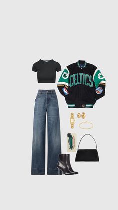 Rock this stylish outfit at the Celtics game! Stay on-trend while representing your team. If you're loving this look, hit that like button and follow for more basketball game day outfit ideas! 🏀☘️ #BostonCeltics #GameDayFashion #BasketballStyle Celtics Game Outfit, Basketball Outfit For Women Fashion, Basketball Game Day Outfit, Celtics Outfit, Boston Celtics Outfit, Celtics Game, Boston Outfits