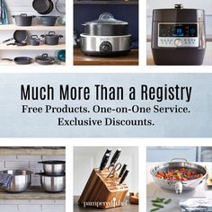 many pots and pans are shown with the words much more than a registry free products, one - on - one service