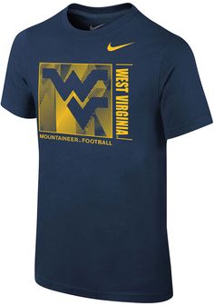 Your future West Virginia Mountaineers will be ready for the game with this West Virginia Mountaineers Youth Navy Blue Short Sleeve Tee. This Legend Sideline T-Shirt features a screen print team graphic on center chest. Ring spun, combed cotton jersey, Ribbed knit collar and sleeves, Athletic fit, Crew neck, Screen print graphic on center chest, Perfect basic for all young sports fans!, 100% Cotton Nike Sports Fan T-shirt With Team Name, Nike Sports T-shirt With Team Logo, Navy Collegiate T-shirt With Letter Print, Nike T-shirt With Screen Print For Sports Events, Screen Print Sports Fan T-shirt, Nike Crew Neck T-shirt For College, Nike Sports Fan T-shirt With Logo Print, Team-colored T-shirt With Screen Print For Fans, Sports Fan Jersey T-shirt