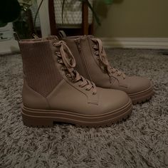 Never Worn! Size 8.5 Lace Up W/ Zipper On The Sides Leather/Synthetic Upper Synthetic Lining And Sock Tan Combat Boots, Moto Boots, Combat Boots, Chelsea, Violet, Socks, Lace Up, Women Shoes, Zipper