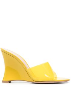 yellow calf leather patent finish transparent strap open toe branded leather insole high wedge heel Wedge Mules, High Wedges, Womens Sandals Wedges, Womens Clogs, Womens Wedges, Mule Clogs, Mules Shoes, Gianvito Rossi, Cow Leather