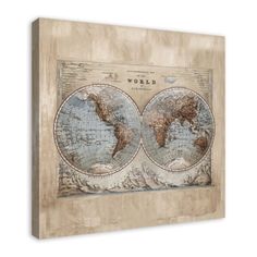 an old world map mounted on a wooden frame with the word world printed on it