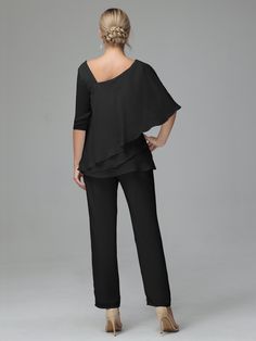 Half Sleeves Chiffon Mother Of The Bride Dress Pant Suits Elegant Georgette Sets For Evening, Elegant Evening Sets In Georgette, Elegant V-neck Evening Set, Elegant V-neck Evening Pantsuit, Elegant Black Chiffon Set, Elegant V-neck Party Sets, Summer Evening V-neck Set, Spring Evening V-neck Sets, Spring Evening Sets With V-neck