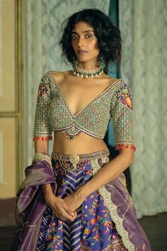 Purple jacquard banarasi kalidar lehenga with floral print and gota, zardosi, zari, dabka, pearl tasselled embroidery. Paired with floral buttas embroidered blouse and scallop edged dupatta. - Aza Fashions Wedding Lehenga With Unstitched Blouse And V-neck, Traditional V-neck Choli With Intricate Embroidery, Multicolor V-neck Sets For Wedding, Multicolor V-neck Wedding Sets, V-neck Wedding Dress With Cutdana, V-neck Lehenga With Resham Embroidery For Wedding, Wedding V-neck Blouse With Intricate Embroidery, Traditional V-neck Wedding Gown, Wedding Lehenga With Zari Work And V-neck