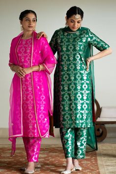 Pink straight kurta with brocade jaal weave. Paired with a coordinating straight pant and a hand embroidered dupatta. - Aza Fashions Fitted Jamawar Salwar Kameez, Festive Unstitched Traditional Wear, Semi-stitched Banarasi Silk Unstitched Suit, Banarasi Silk Churidar For Festive Occasions, Jamawar Sets With Zari Work, Festive Brocade Salwar Kameez In Traditional Drape, Festive Silk Unstitched Suit, Designer Brocade Straight Kurta Sets, Designer Brocade Sets With Straight Kurta